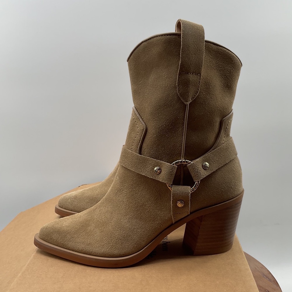 Dolce vita Womens Tan Suede Harness Western Ankle Boots Pointed Toe Block Heel